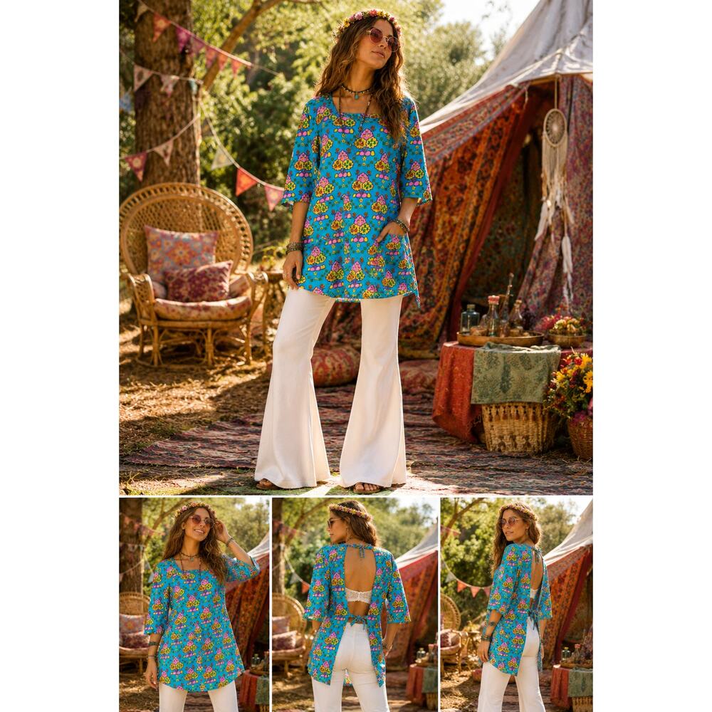 Vintage 60s Japan Mod Smock Apron Dress Novelty Print Psychedelic Cotton M
